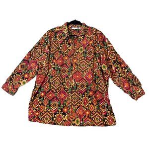 Susan Graver 3X Colorful Geometric Tile Button Up Shirt Blouse Long Sleeve Aztec